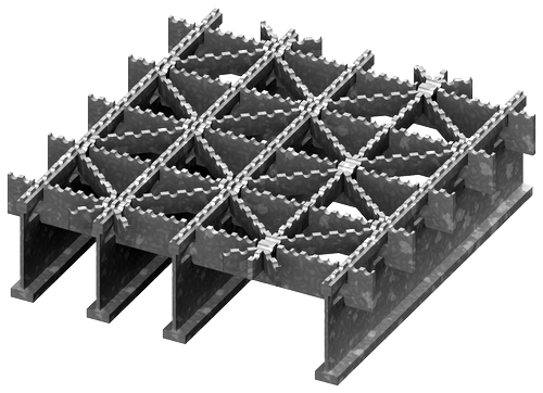 Realistic galvanized open steel bridge grid deck assembly.