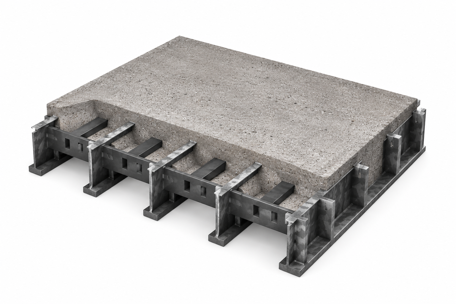 Fully filled steel bridge grid deck cutaway with concrete encapsulating the entire grid.