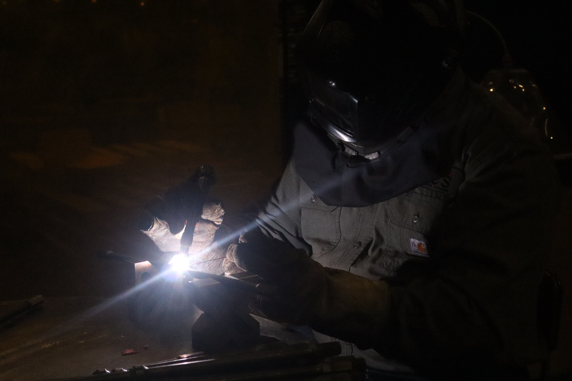 MCS welder fabricating steel bridge grid components in Bedford County, Pennsylvania