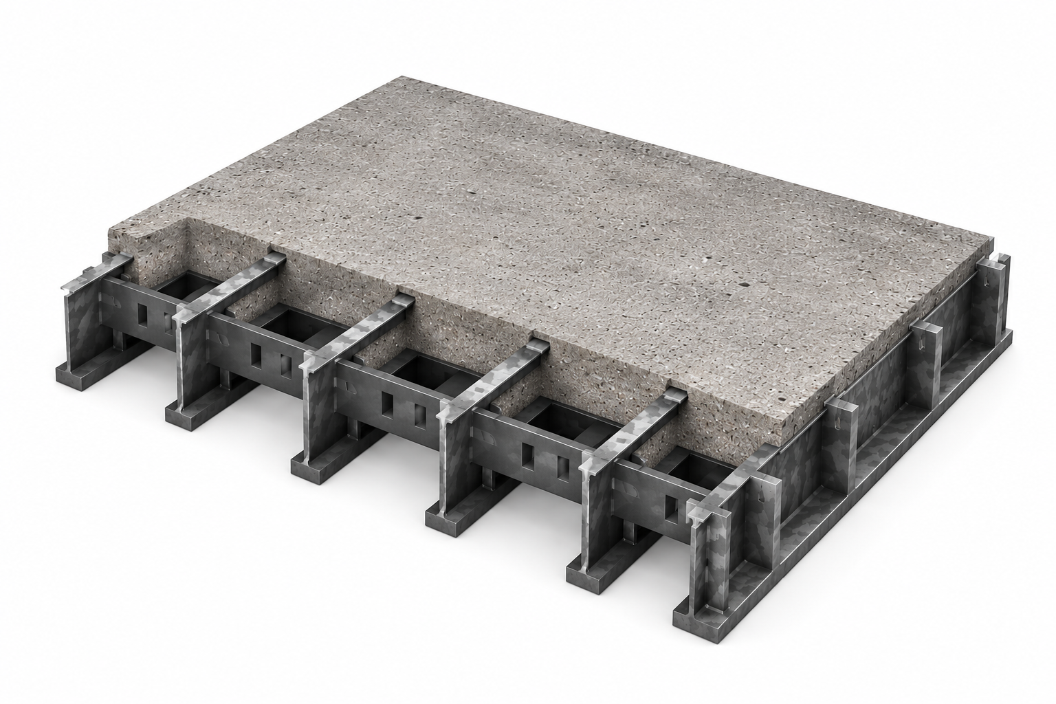 Half-filled steel bridge grid deck cutaway with concrete filling the upper portion of the grid.