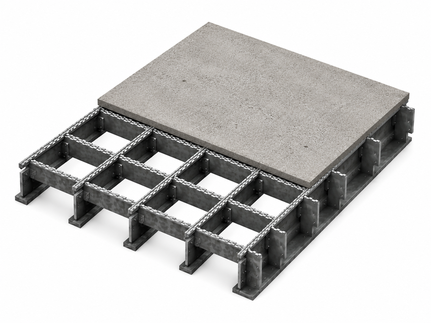 Exodermic-style bridge deck assembly with unfilled steel grid and reinforced concrete overlay.